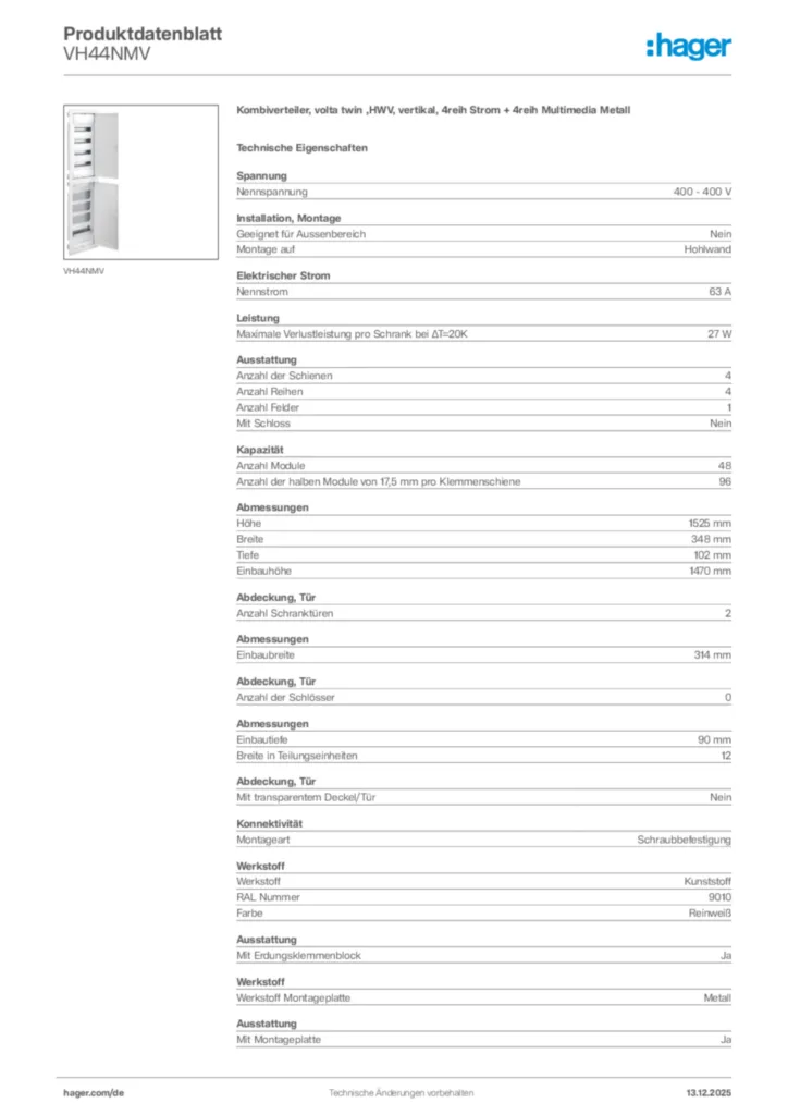 Bild Hager Produktdatenblatt VH44NMV | Hager Deutschland