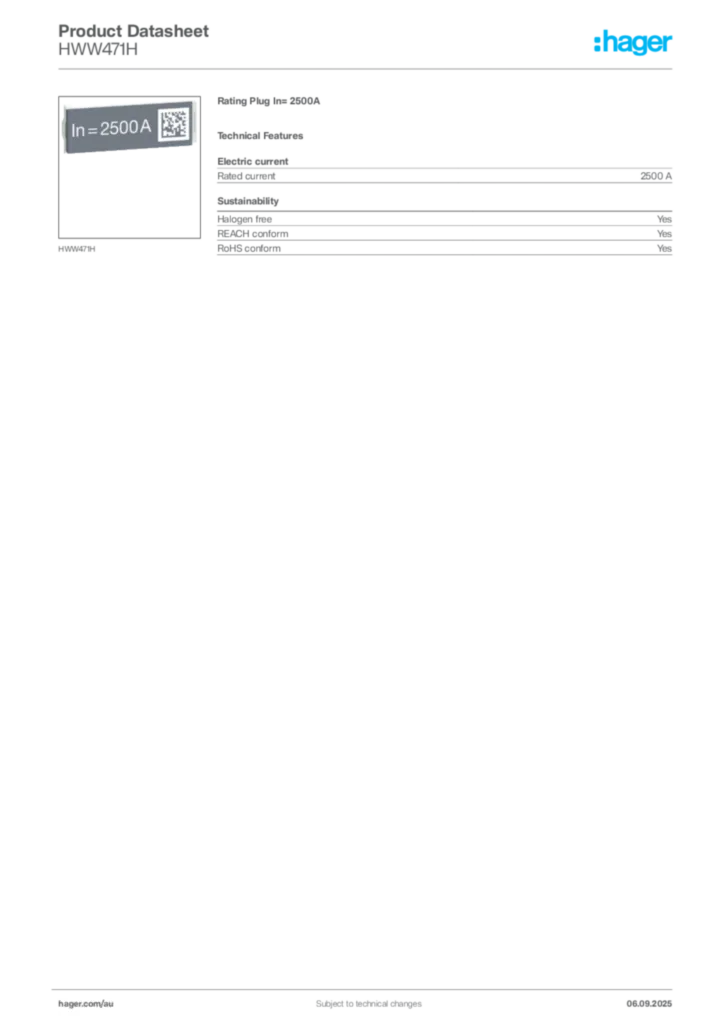 Image Hager Product data sheet HWW471H  | Hager Australia