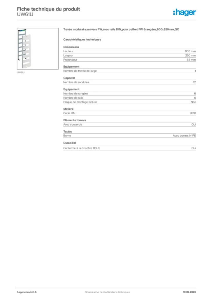 Image Hager Fiche technique du produit UW61U | Hager Afrique