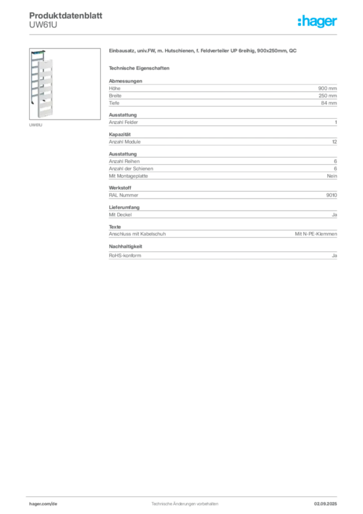 Hager Produktdatenblatt UW61U