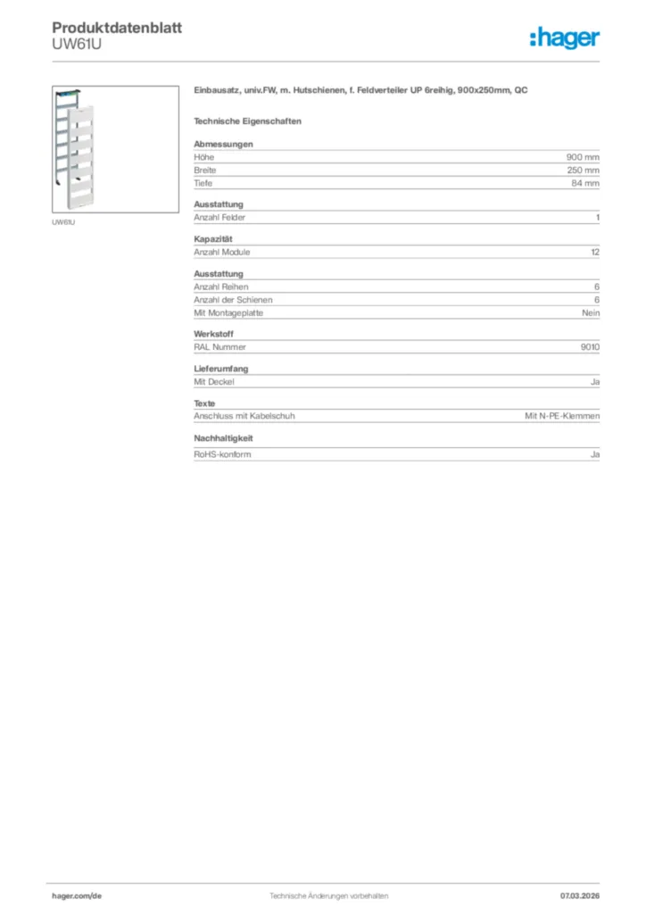Bild Hager Produktdatenblatt UW61U | Hager Deutschland