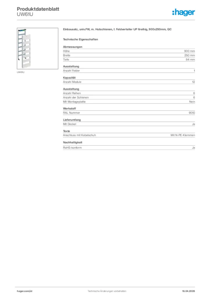Bild Hager Produktdatenblatt UW61U | Hager Deutschland