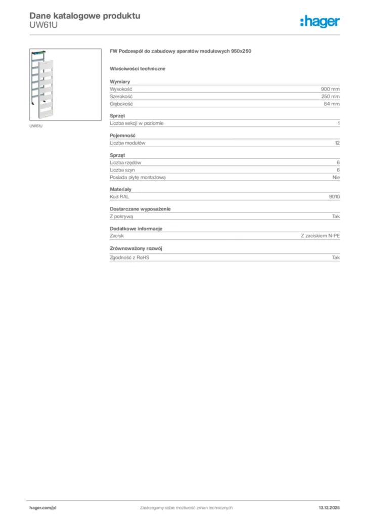 Zdjęcie Hager Karta katalogowa UW61U | Hager Polska