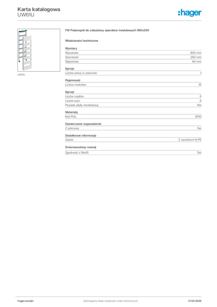 Zdjęcie Hager Karta katalogowa UW61U | Hager Polska