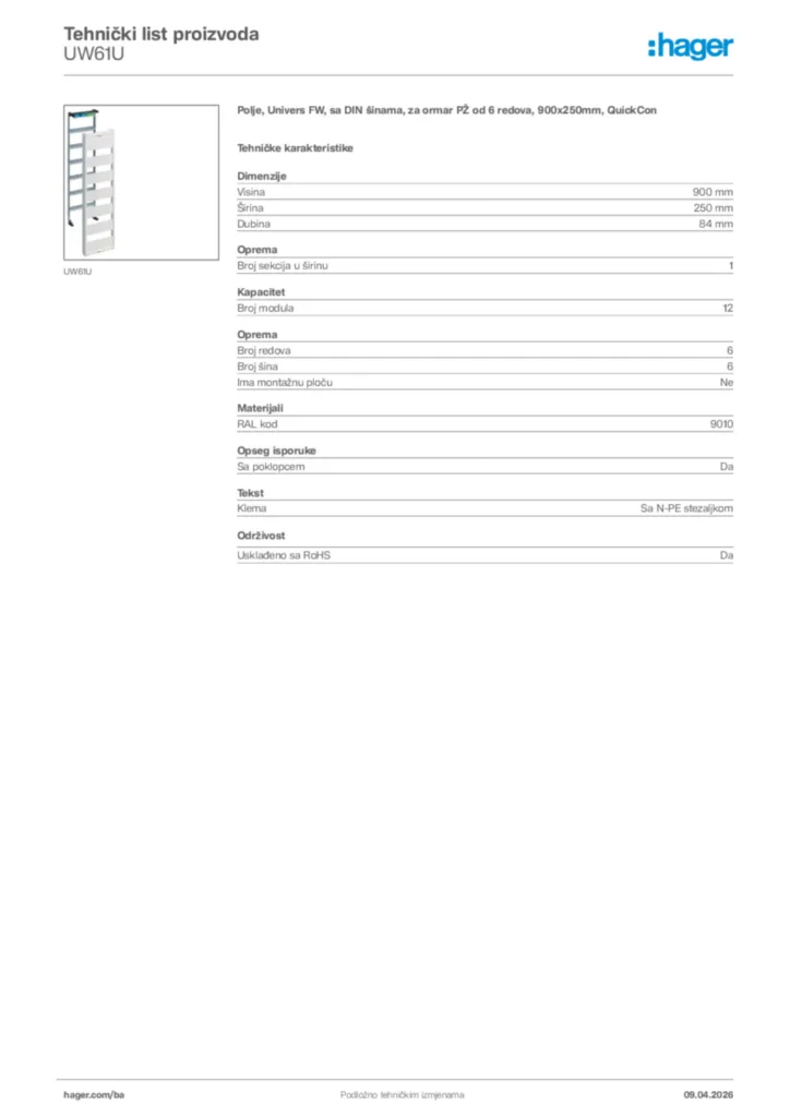 Slika Hager Tehnički list proizvoda UW61U  | Hager