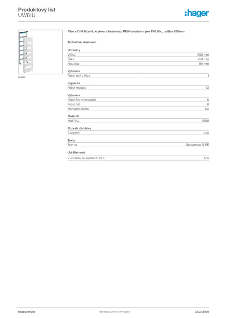 Obrázek Hager Product data sheet UW61U | Hager