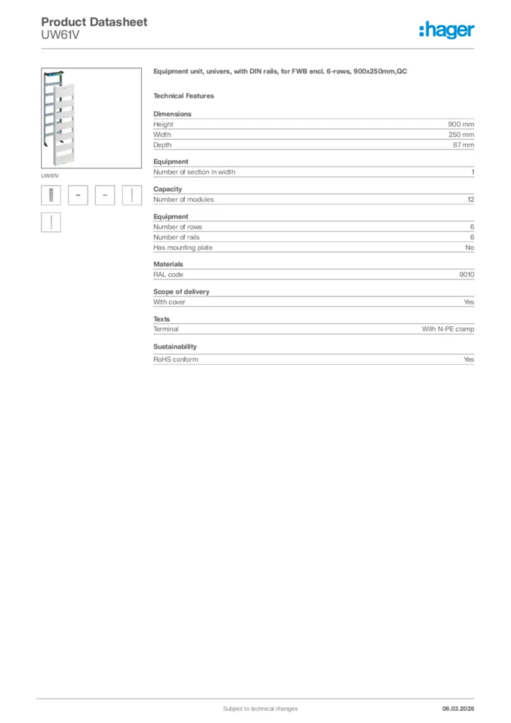 Image Hager Product data sheet UW61V  | Hager Africa