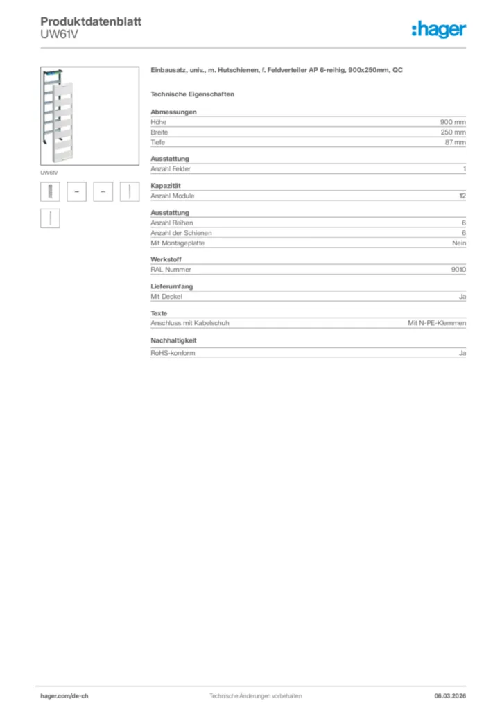 Bild Hager Produktdatenblatt UW61V | Hager Schweiz
