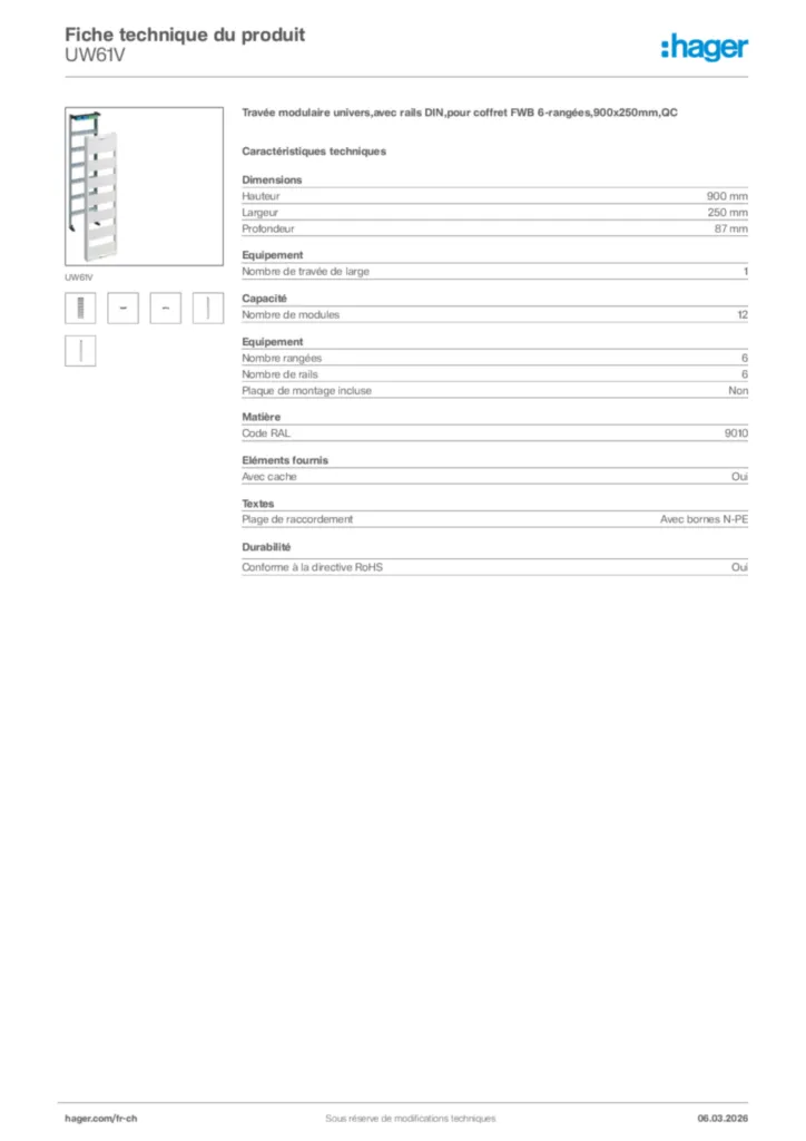 Image Hager Fiche technique du produit UW61V | Hager Suisse