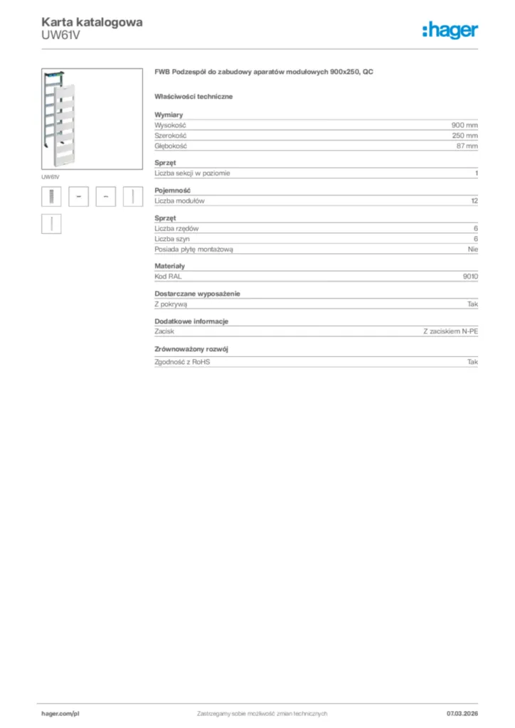 Zdjęcie Hager Karta katalogowa UW61V | Hager Polska
