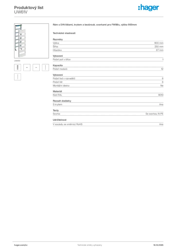 Obrázek Hager Produktový list UW61V | Hager