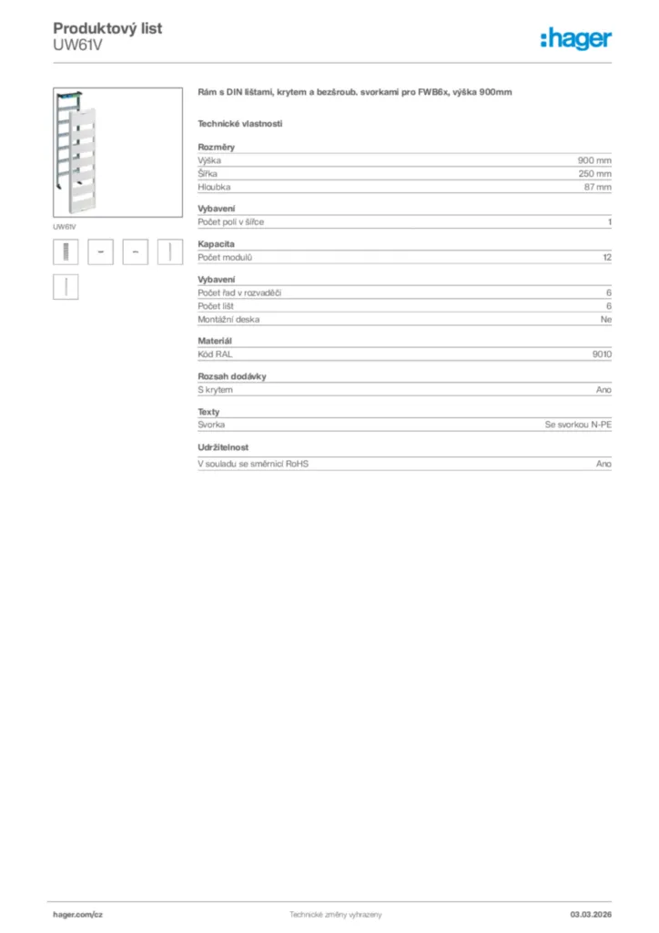 Obrázek Hager Product data sheet UW61V | Hager