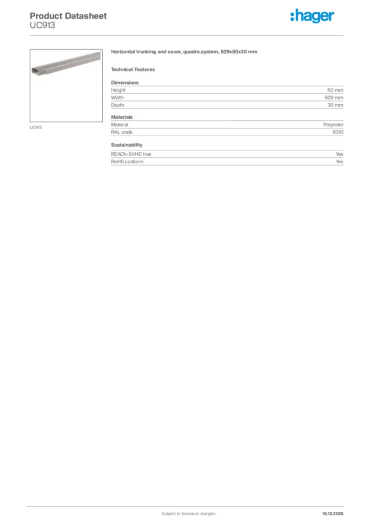 Image Hager Product data sheet UC913  | Hager Africa