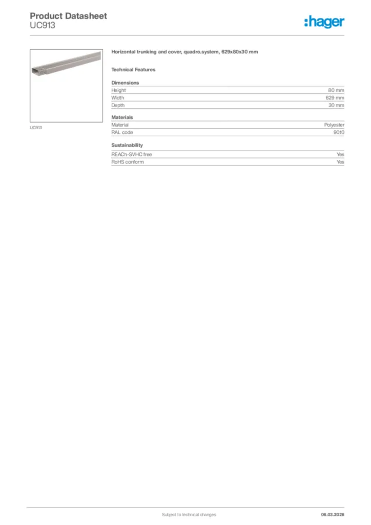 Image Hager Product data sheet UC913  | Hager Africa
