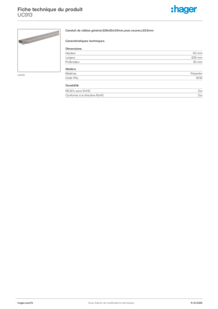 Image Hager Fiche technique du produit UC913 | Hager France
