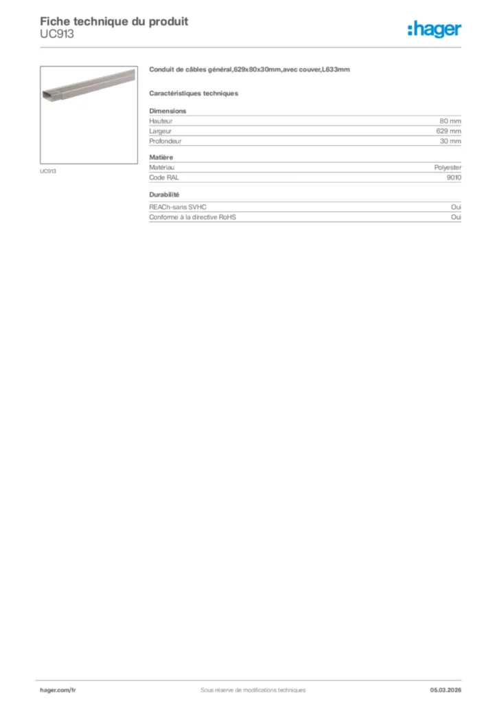 Image Hager Fiche technique du produit UC913 | Hager France