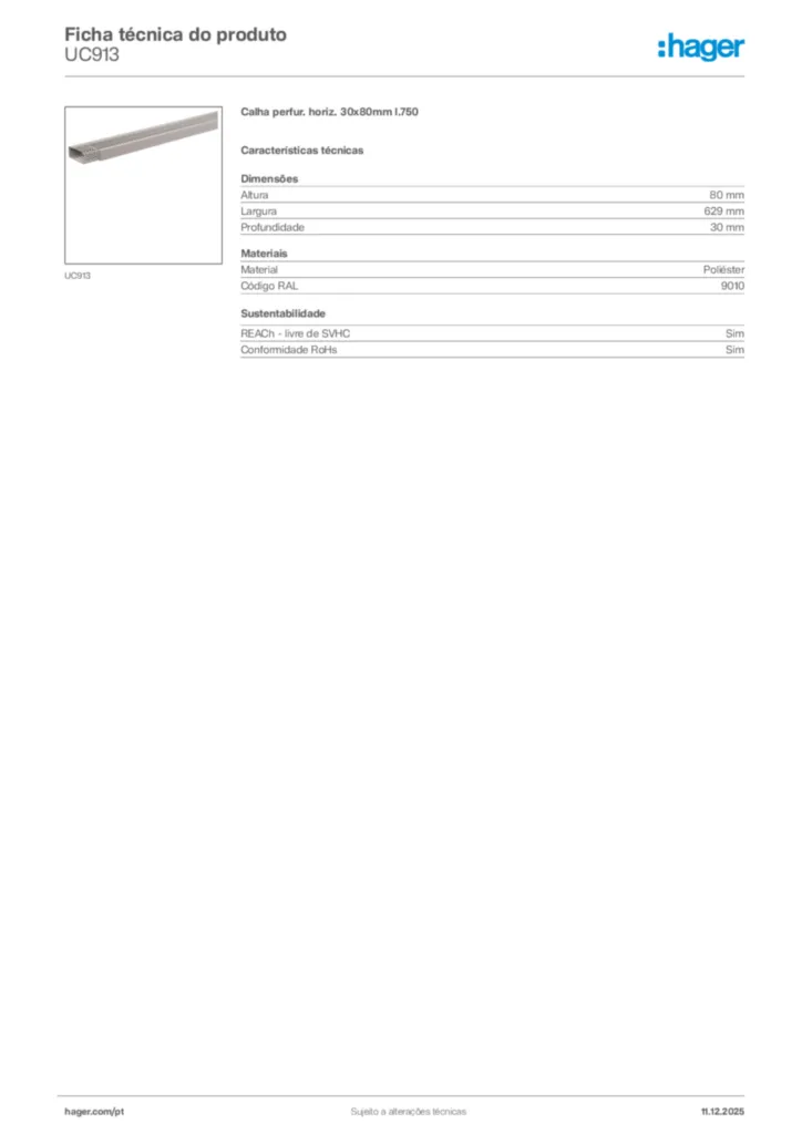 Imagem Hager Ficha técnica do produto UC913 | Hager Portugal
