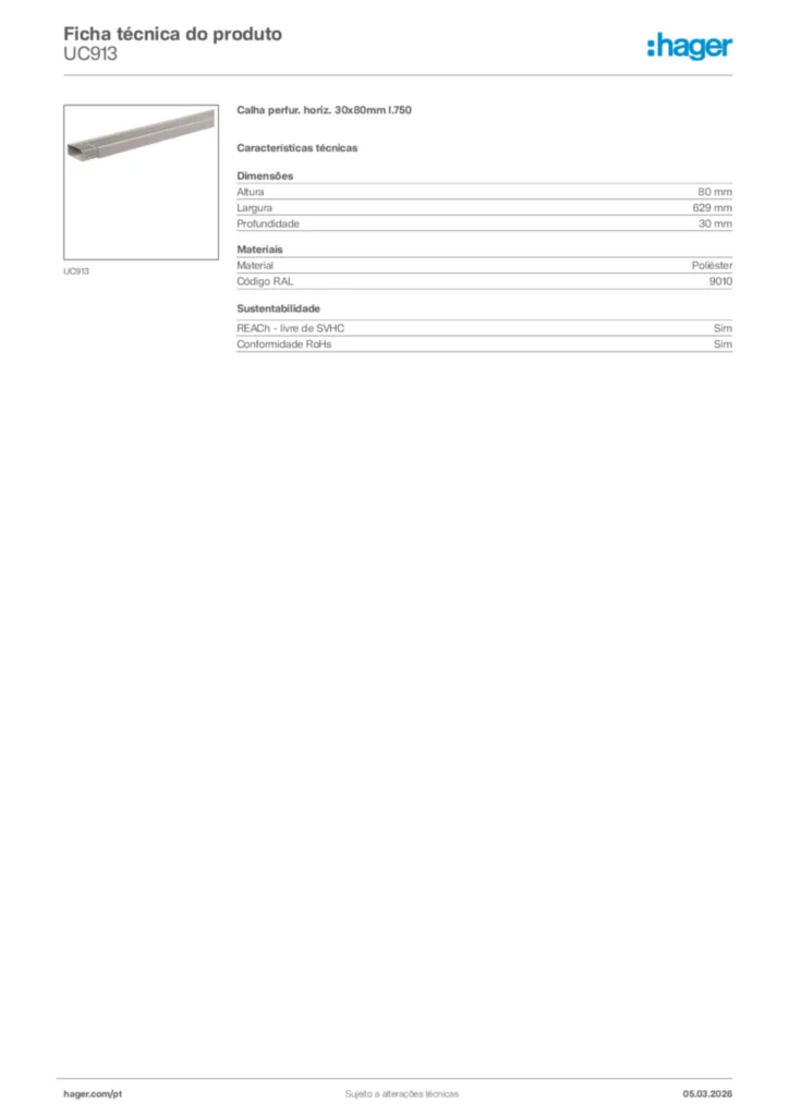 Imagem Hager Ficha técnica do produto UC913 | Hager Portugal