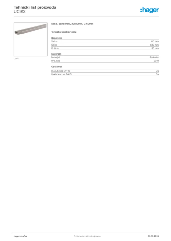 Slika Hager Tehnički list proizvoda UC913  | Hager
