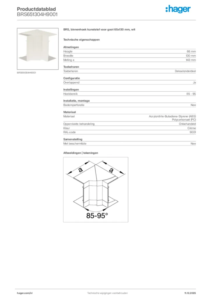 Afbeelding Hager Productdatablad BRS651304H9001 | Hager Nederland