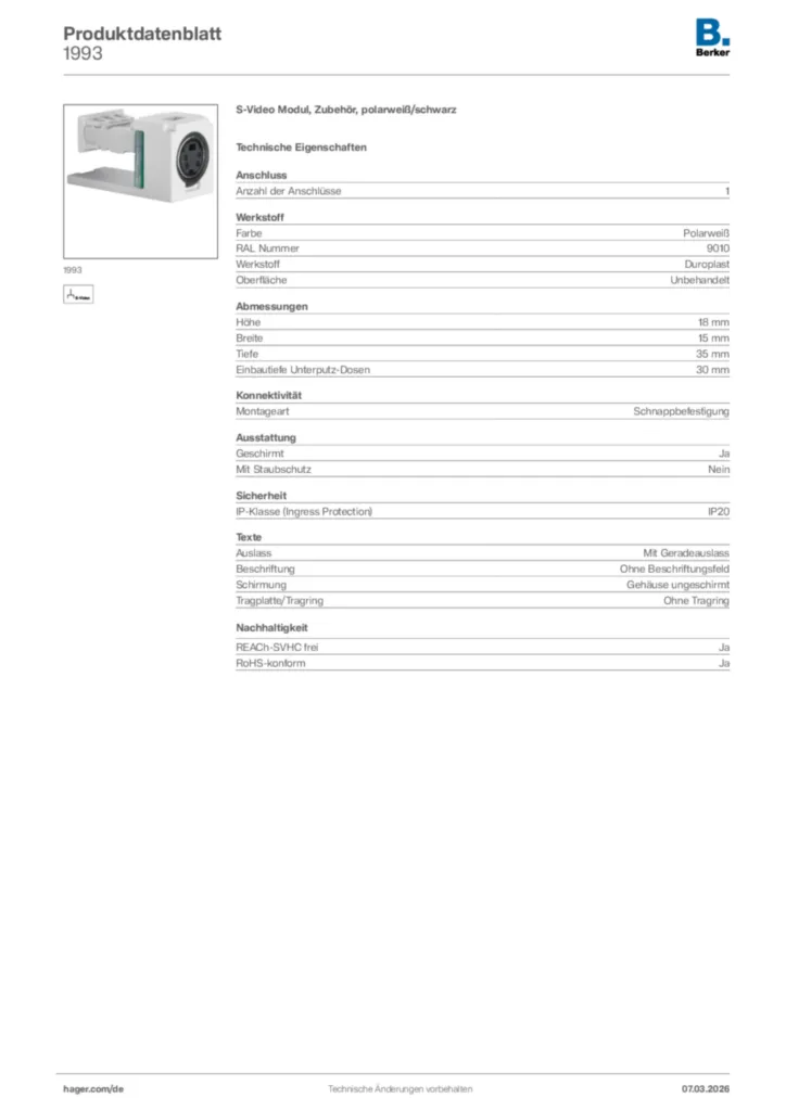 Bild Berker Produktdatenblatt 1993 | Hager Deutschland