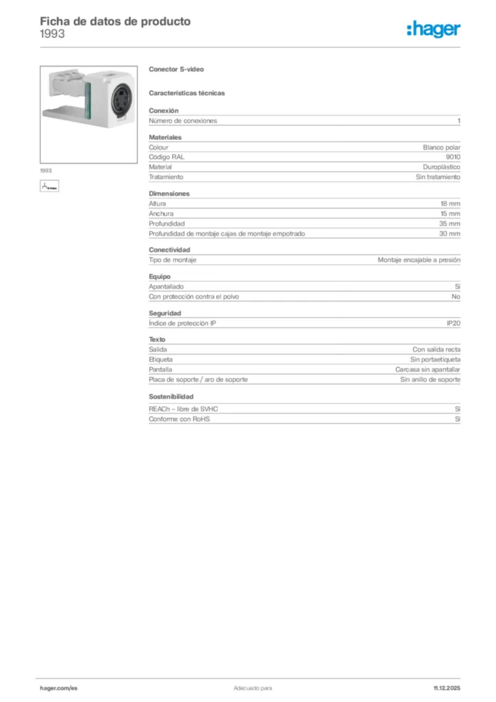 Imagen Hager Ficha de datos de producto 1993 | Hager España