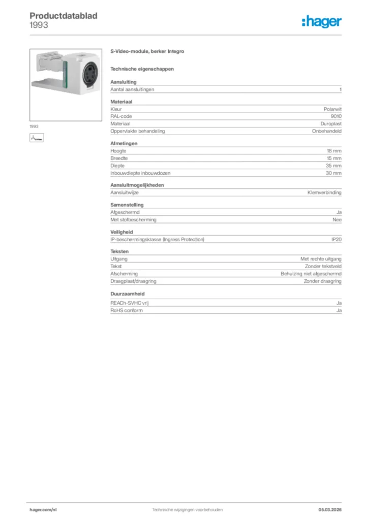 Afbeelding Hager Productdatablad 1993 | Hager Nederland