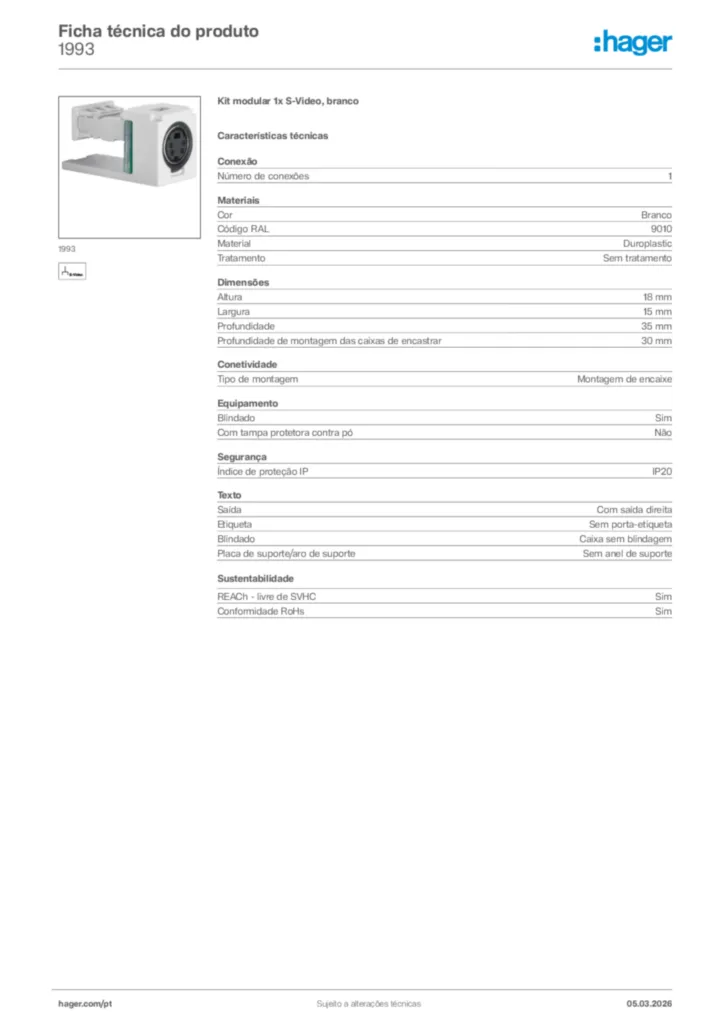 Imagem Hager Ficha técnica do produto 1993 | Hager Portugal