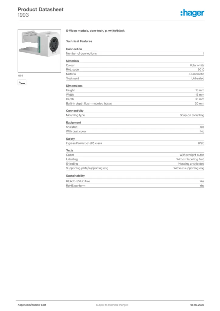 Image Hager Product data sheet 1993  | Hager
