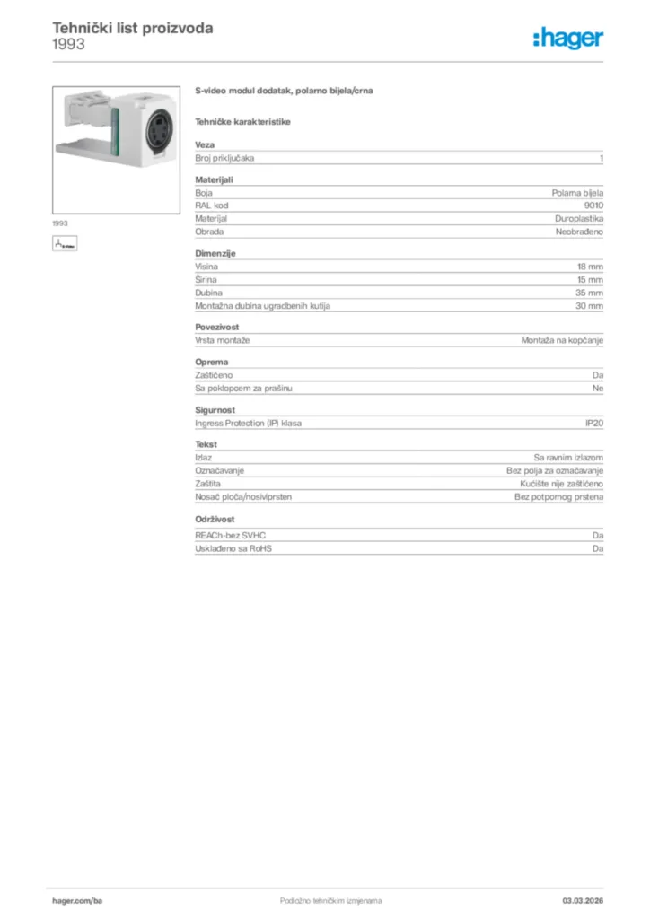 Slika Hager Tehnički list proizvoda 1993  | Hager