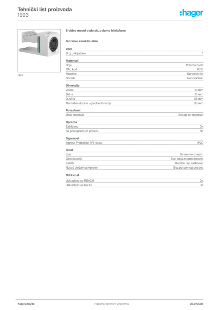 Slika Hager Product data sheet 1993  | Hager