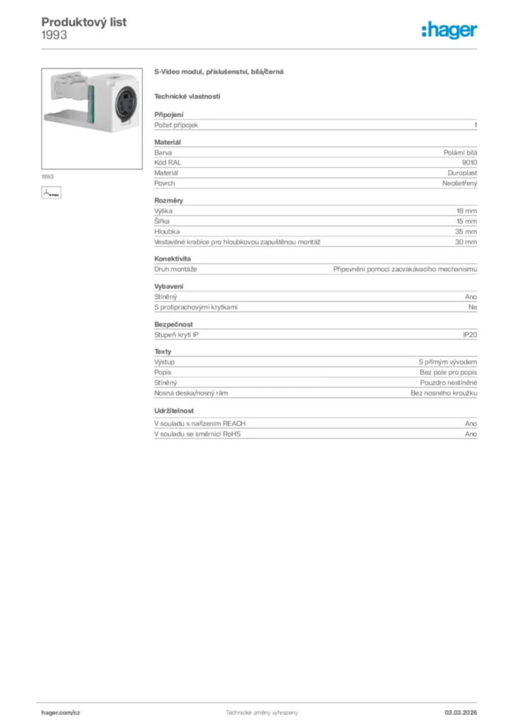 Obrázek Hager Product data sheet 1993 | Hager