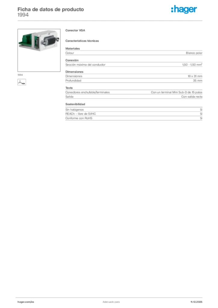 Imagen Hager Ficha de datos de producto 1994 | Hager España
