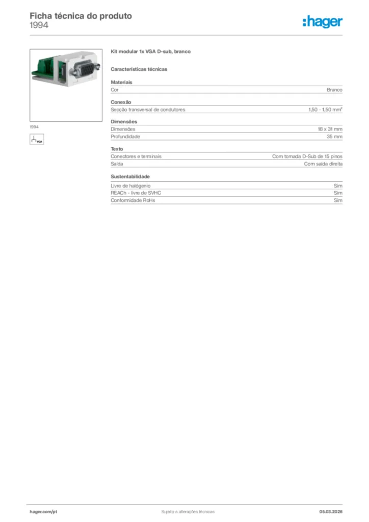 Imagem Hager Ficha técnica do produto 1994 | Hager Portugal