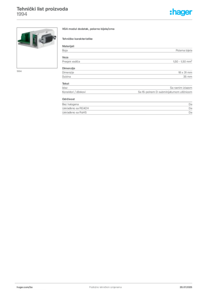 Slika Hager Product data sheet 1994  | Hager