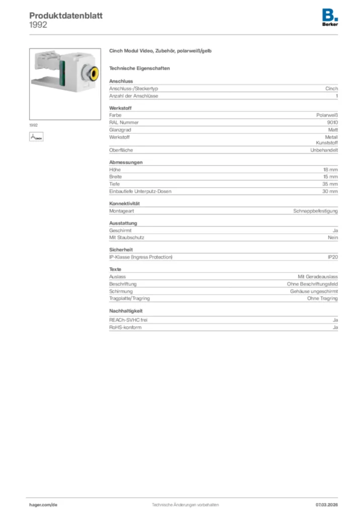 Bild Berker Produktdatenblatt 1992 | Hager Deutschland