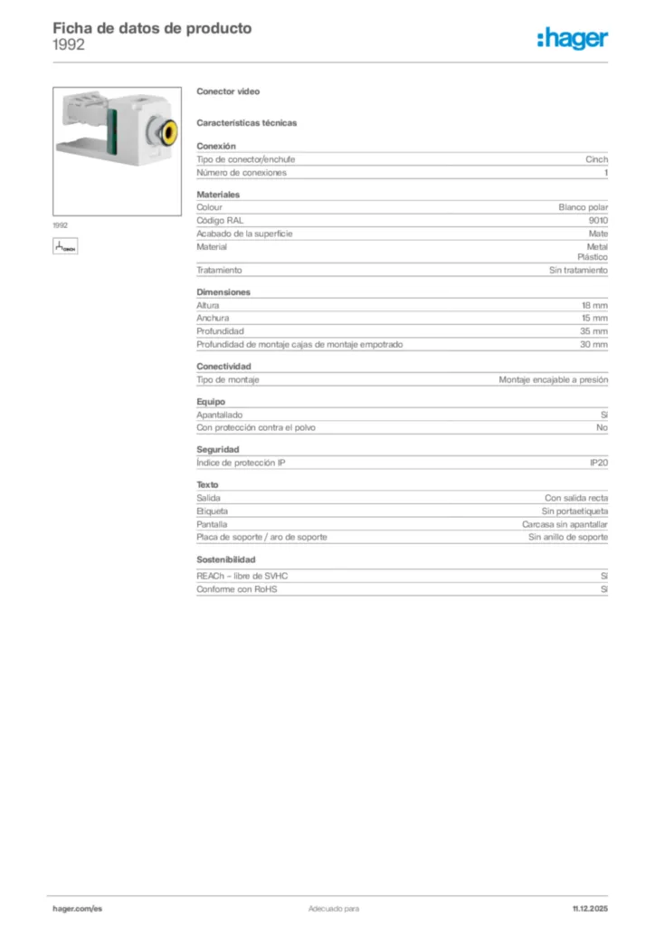 Imagen Hager Ficha de datos de producto 1992 | Hager España