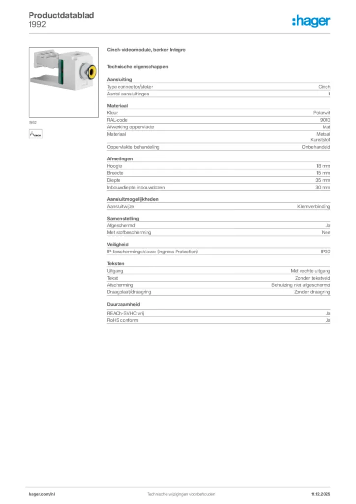 Afbeelding Hager Productdatablad 1992 | Hager Nederland