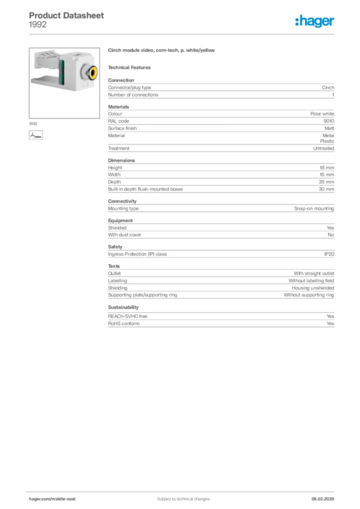 Image Hager Product data sheet 1992  | Hager