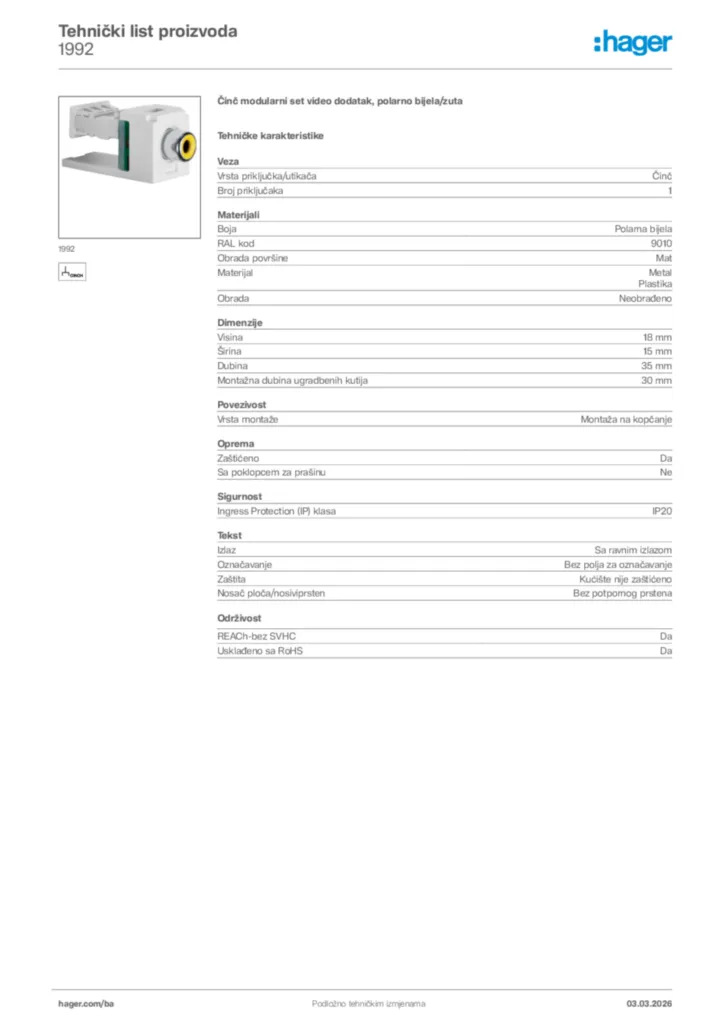 Slika Hager Tehnički list proizvoda 1992  | Hager