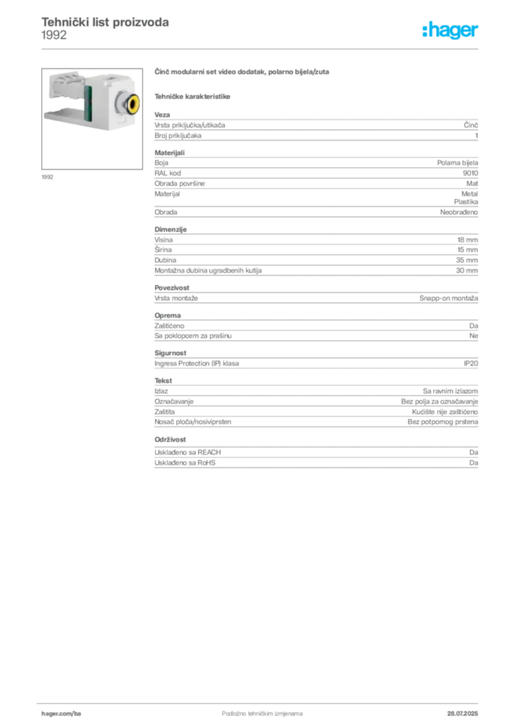 Slika Hager Product data sheet 1992  | Hager