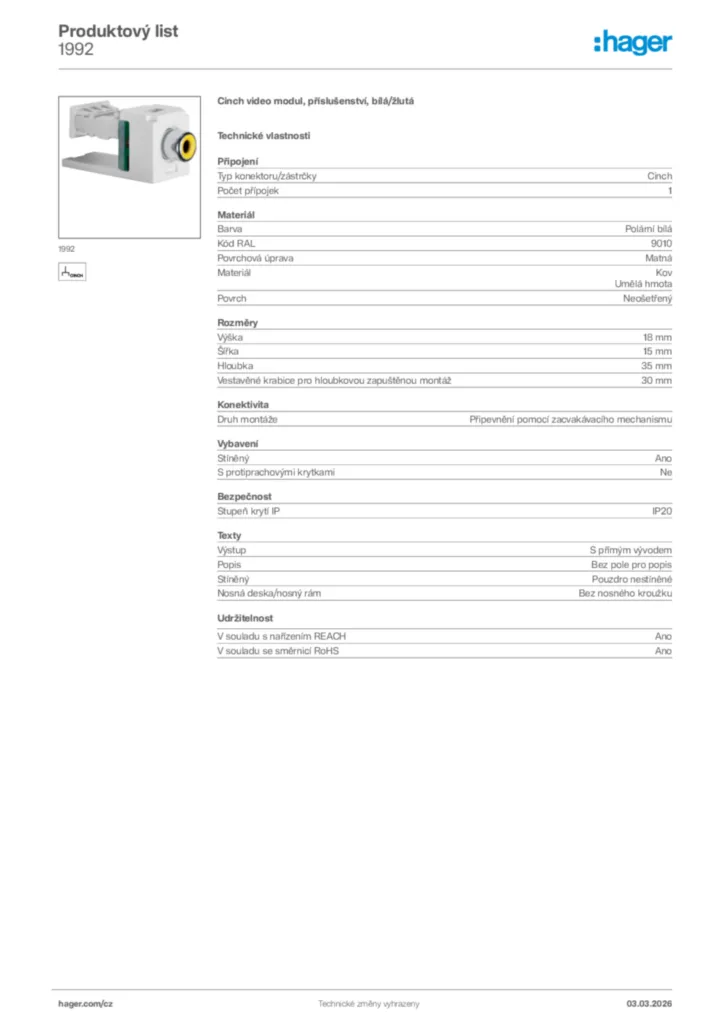 Obrázek Hager Product data sheet 1992 | Hager