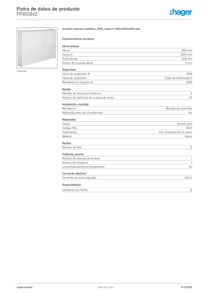 Imagen Hager Ficha de datos de producto FP65SN2 | Hager España