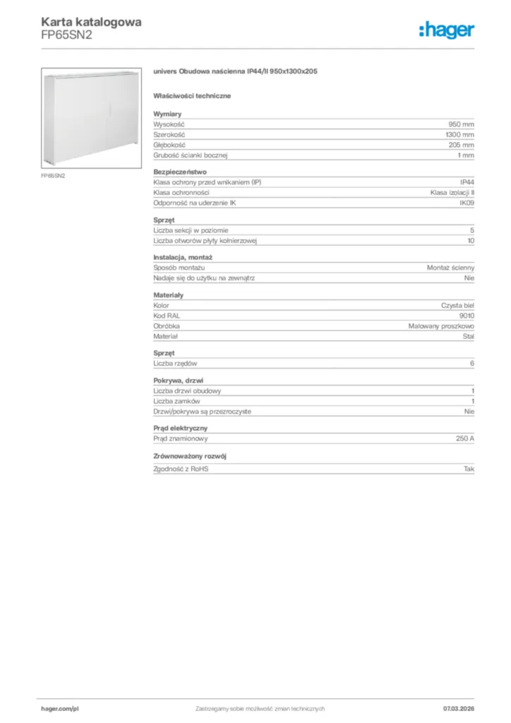 Zdjęcie Hager Karta katalogowa FP65SN2 | Hager Polska