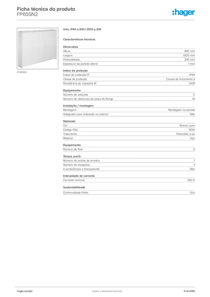 Imagem Hager Ficha técnica do produto FP65SN2 | Hager Portugal