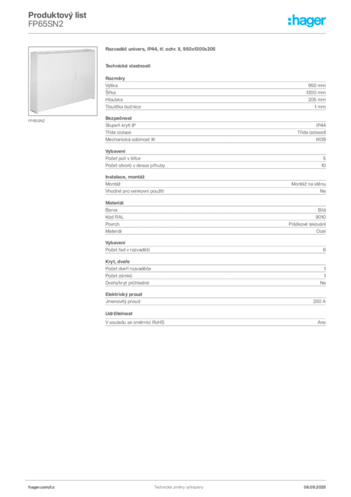 Obrázek Hager Produktový list FP65SN2 | Hager