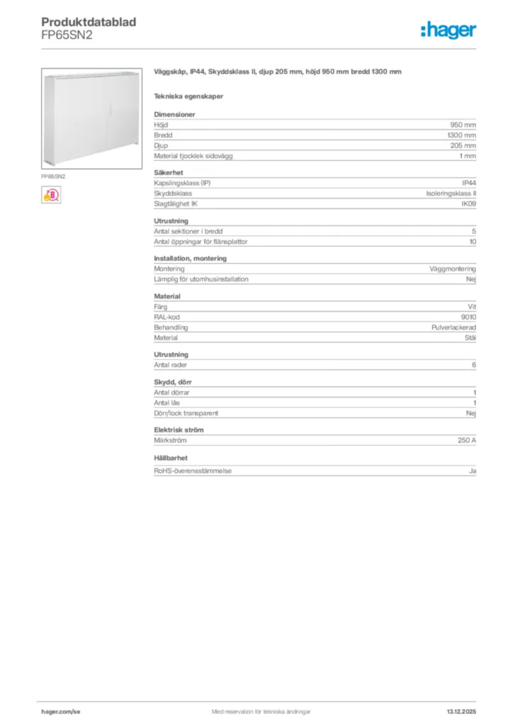 Bild Hager Produktdatablad FP65SN2 | Hager Sverige