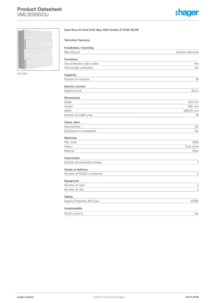 Image Hager Product data sheet VML90810CU  | Hager