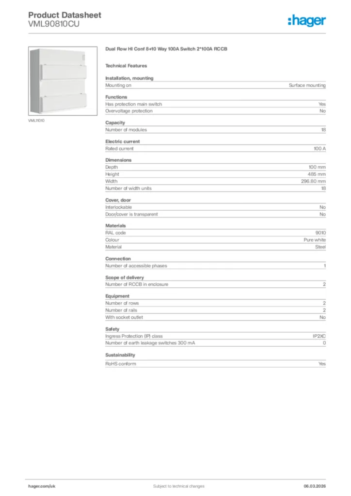 Image Hager Product data sheet VML90810CU  | Hager