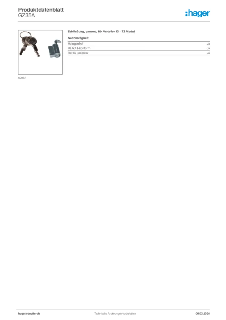 Bild Hager Produktdatenblatt GZ35A | Hager Schweiz